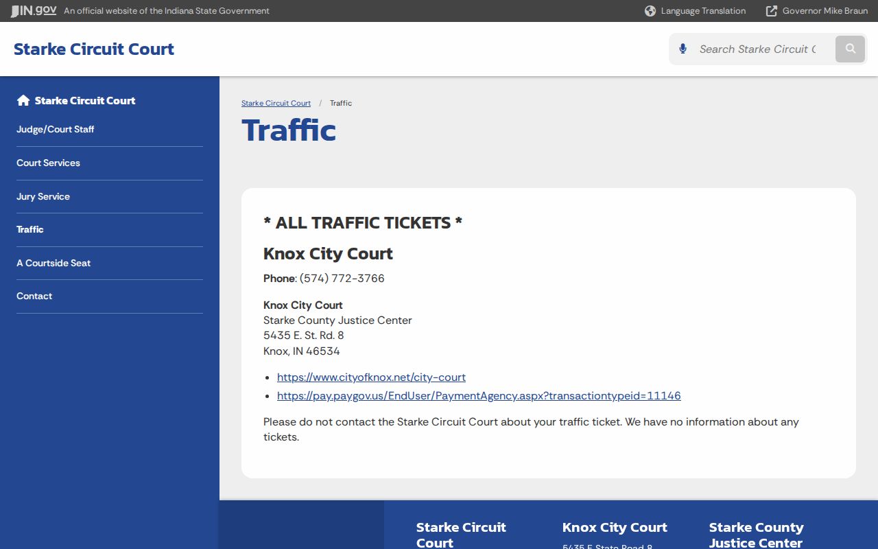 Official Starke County traffic warrant routing to Knox City Court