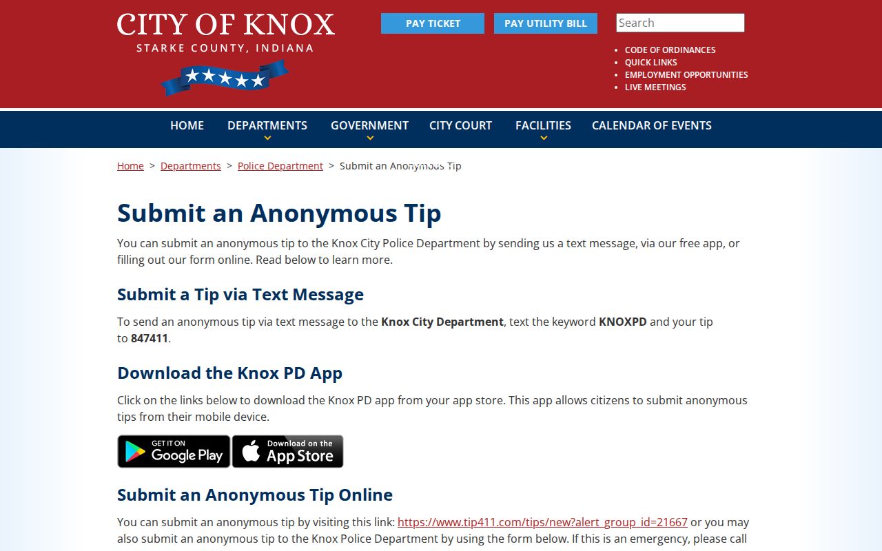 Knox Police Tip411 source for Knox warrant records in Starke County