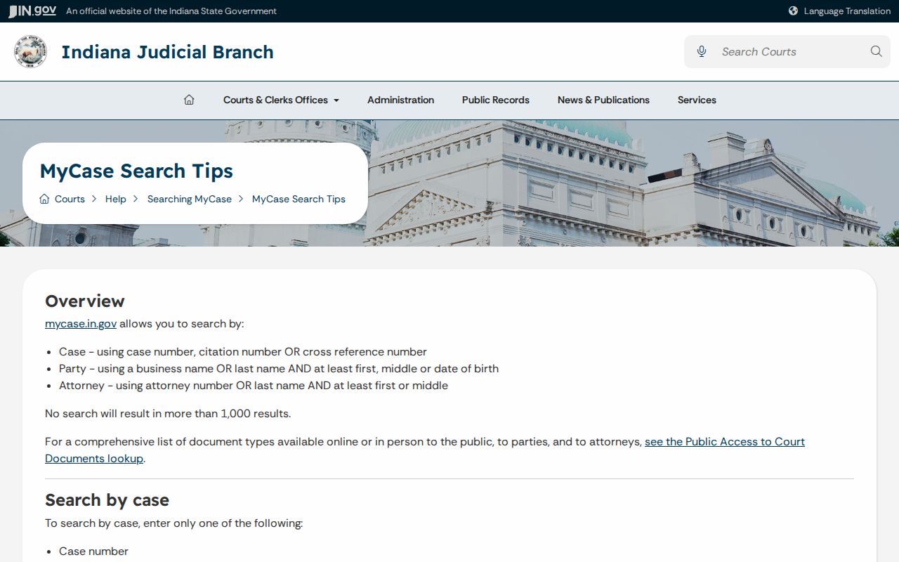 MyCase search fields for a Starke County warrant record check